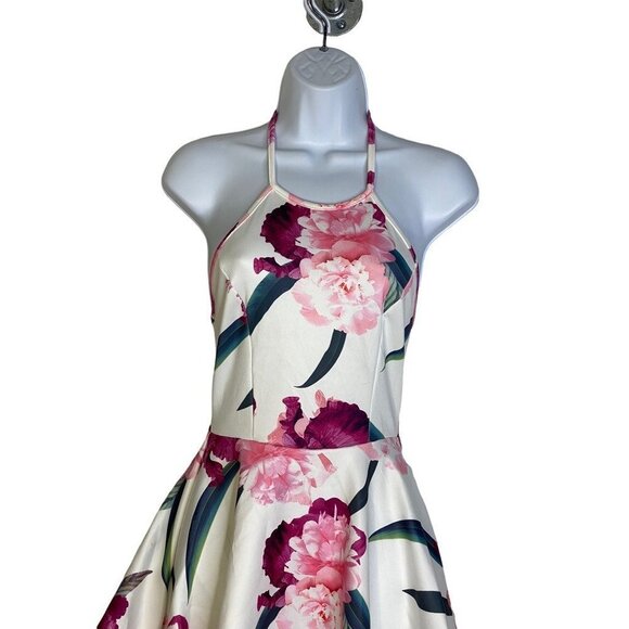 January 7 Womens Fit Flare Dress White Pink Floral Sleeveless Halter Neck S New - Picture 3 of 6